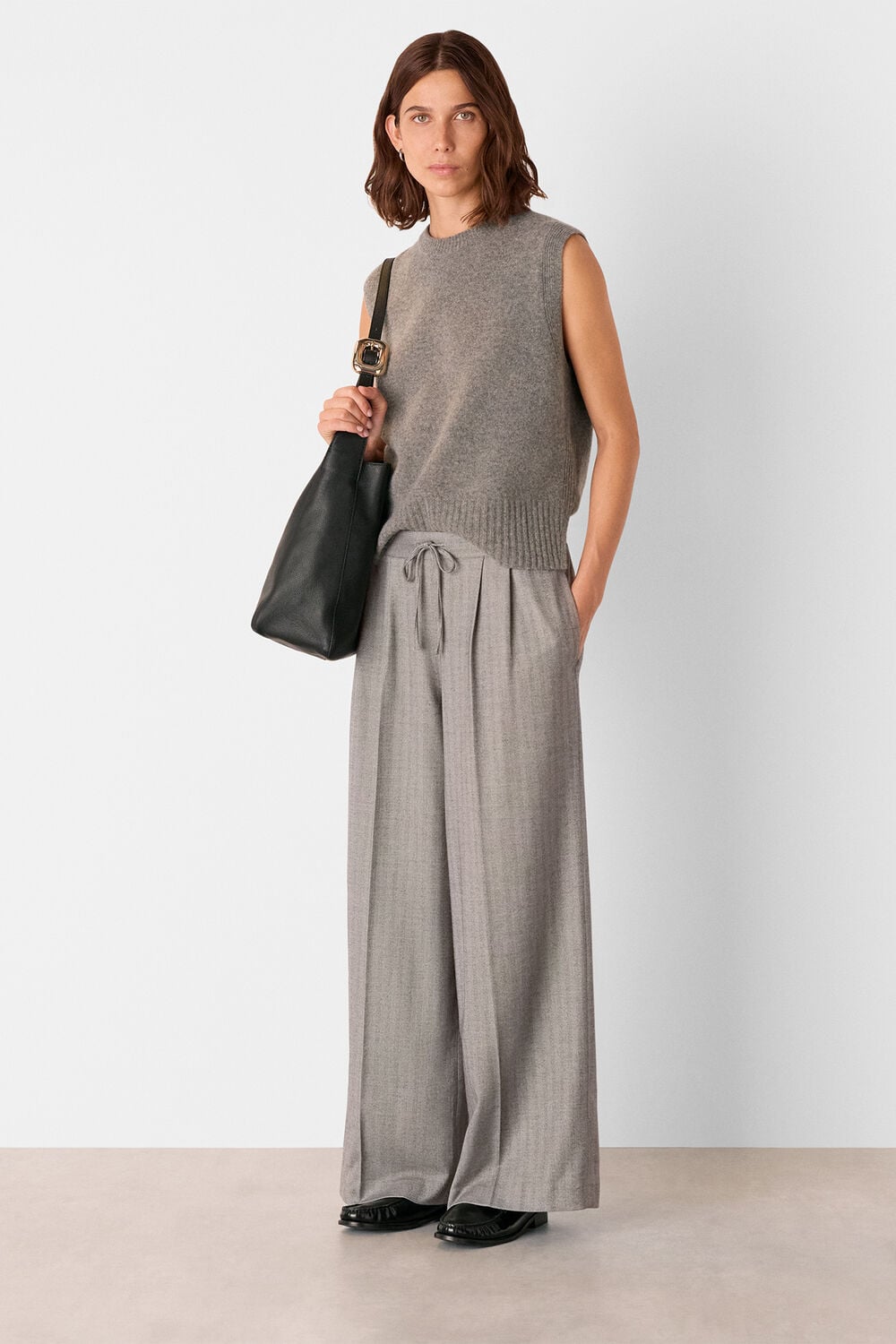 Grey Herringbone Wide Leg Trouser