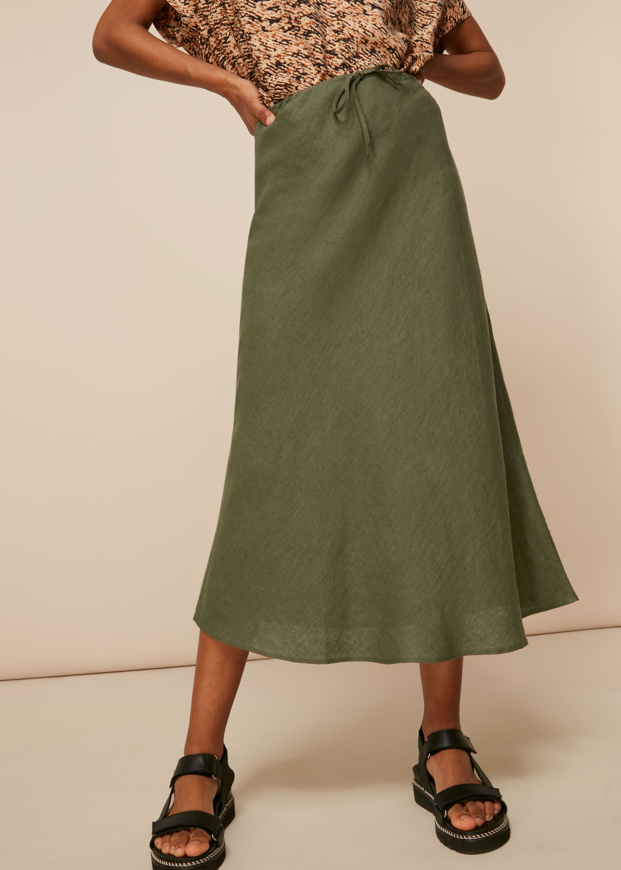 Linen skirt khaki cheap