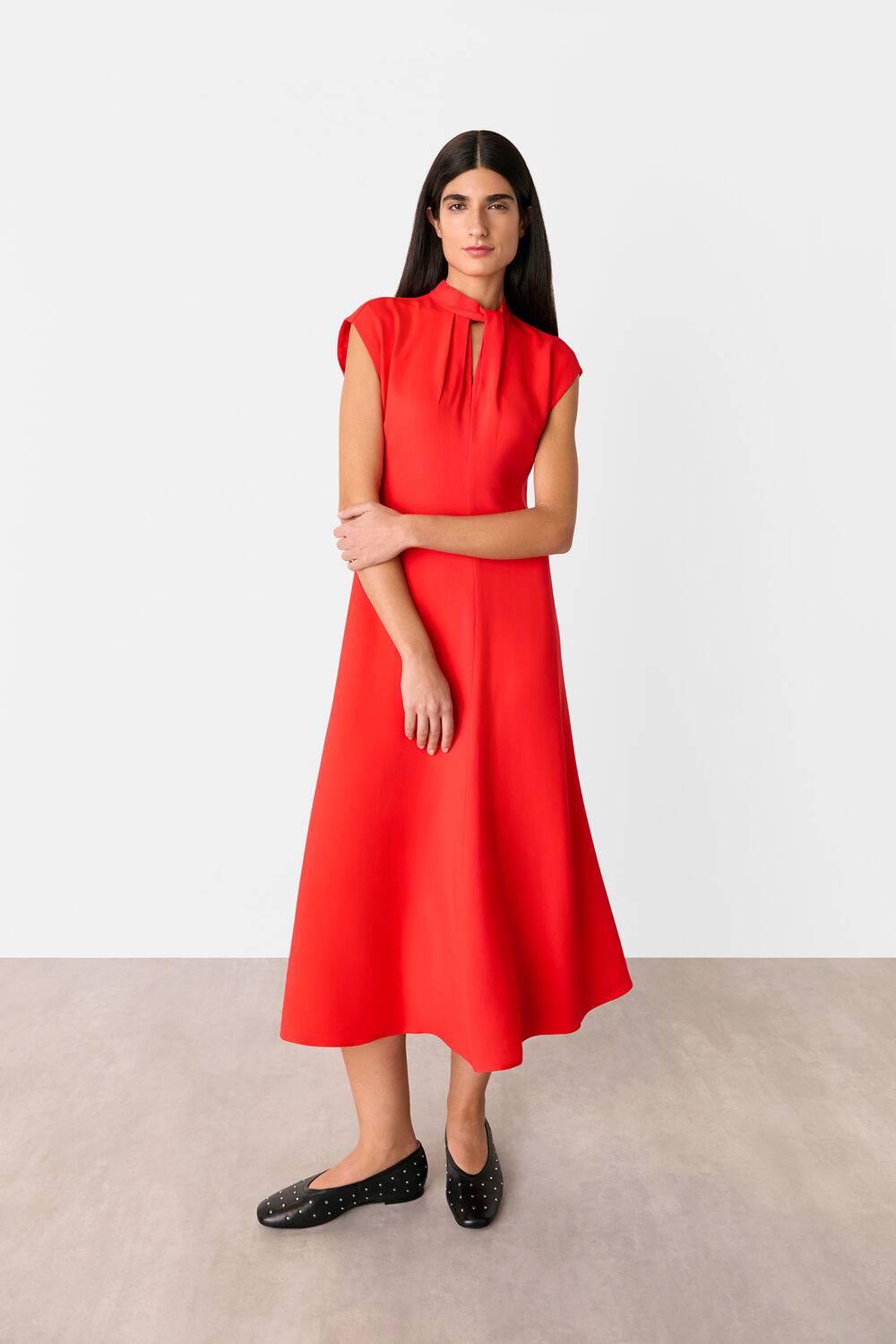 Red Twist Neck Crepe Midi Dress