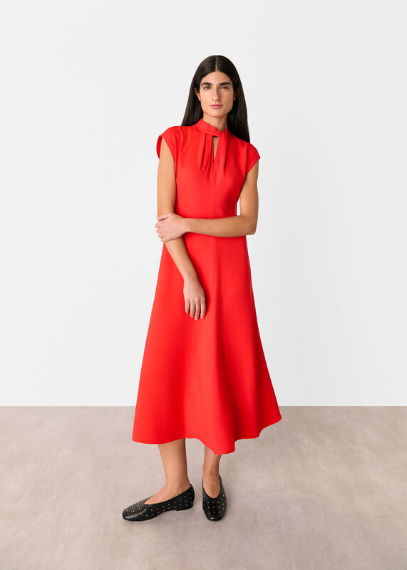 Red Twist Neck Crepe Midi Dress