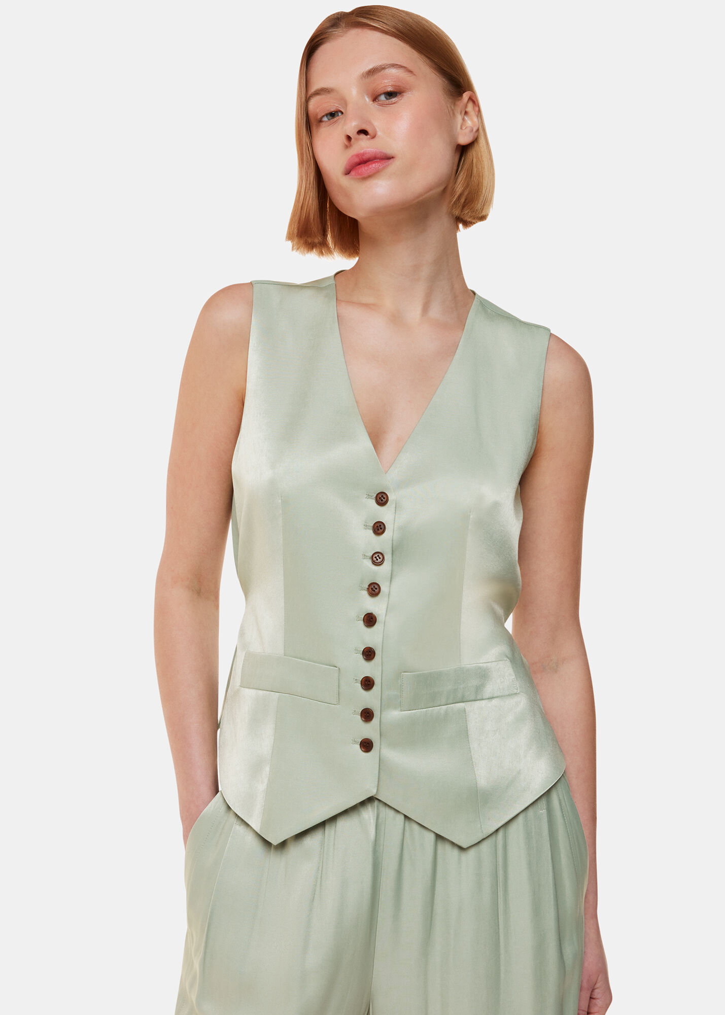 Sage Green Rita Luxe Waistcoat | WHISTLES | Whistles UK | Sage Green Rita Luxe Waistcoat | WHISTLES | Whistles UK |