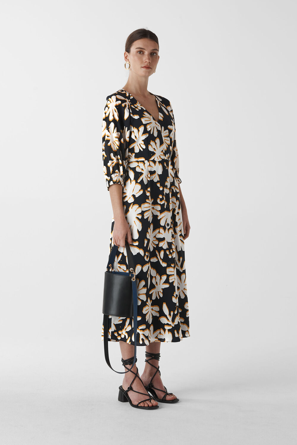 Palm Leaf Print Silk Dress Yellow/Multi
