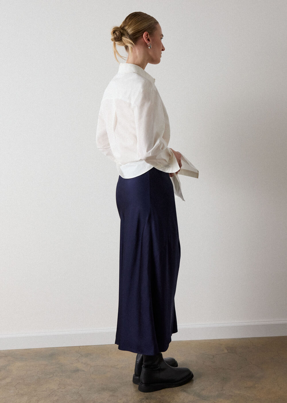 Navy Satin Twist Side Midi Skirt