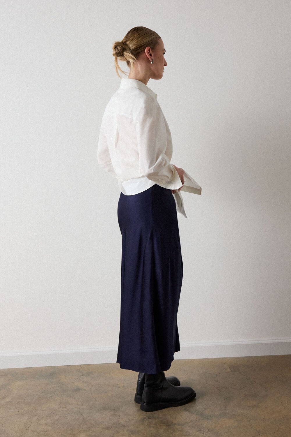 Navy Satin Twist Side Midi Skirt