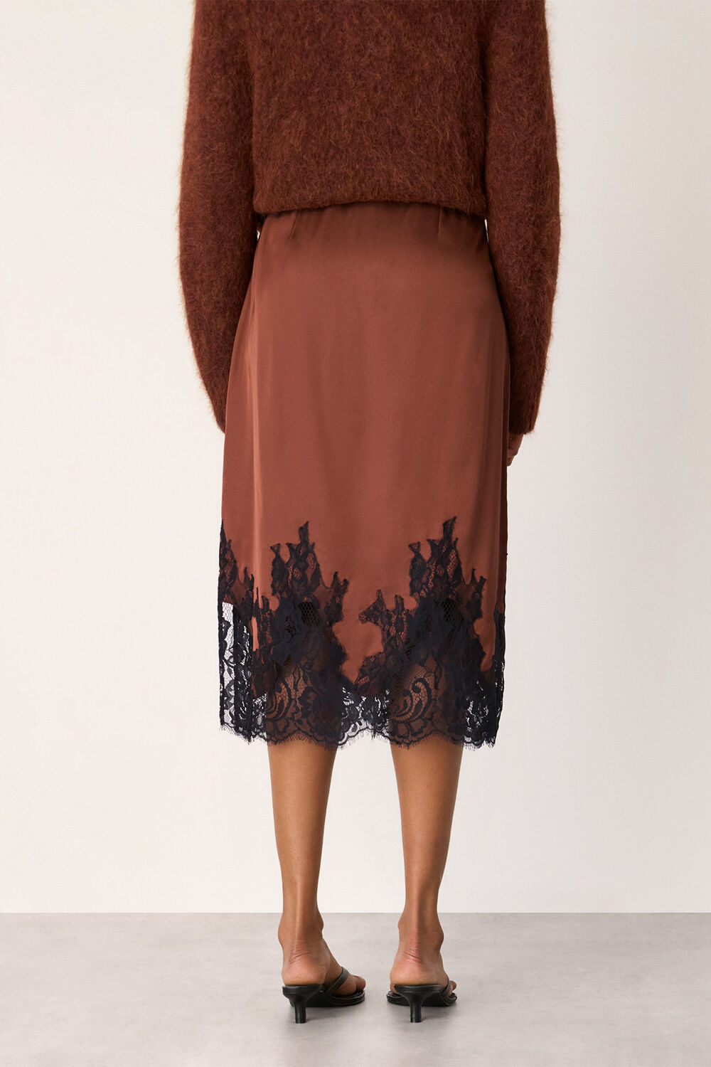 Brown Lace Hem Satin Midi Skirt