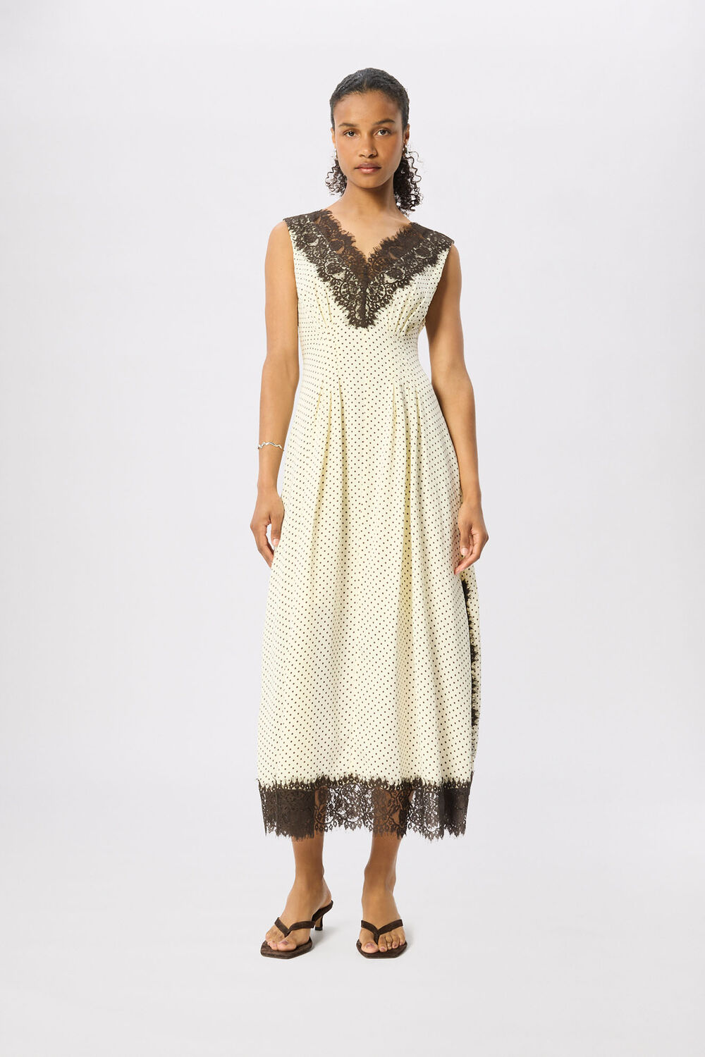 Yellow Petite Lace V Neck Spot Midi Dress