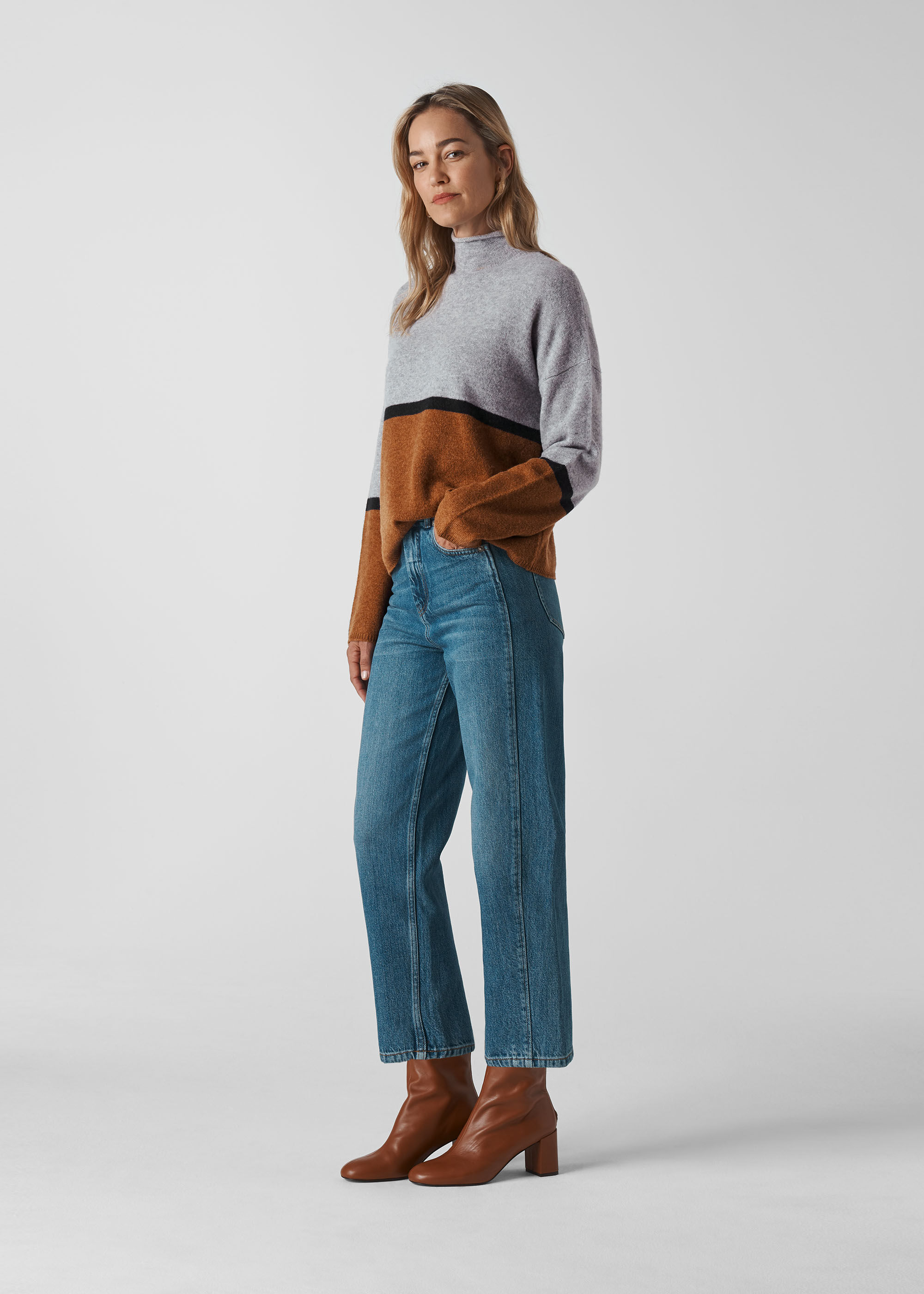 Colour block roll neck jumper shop