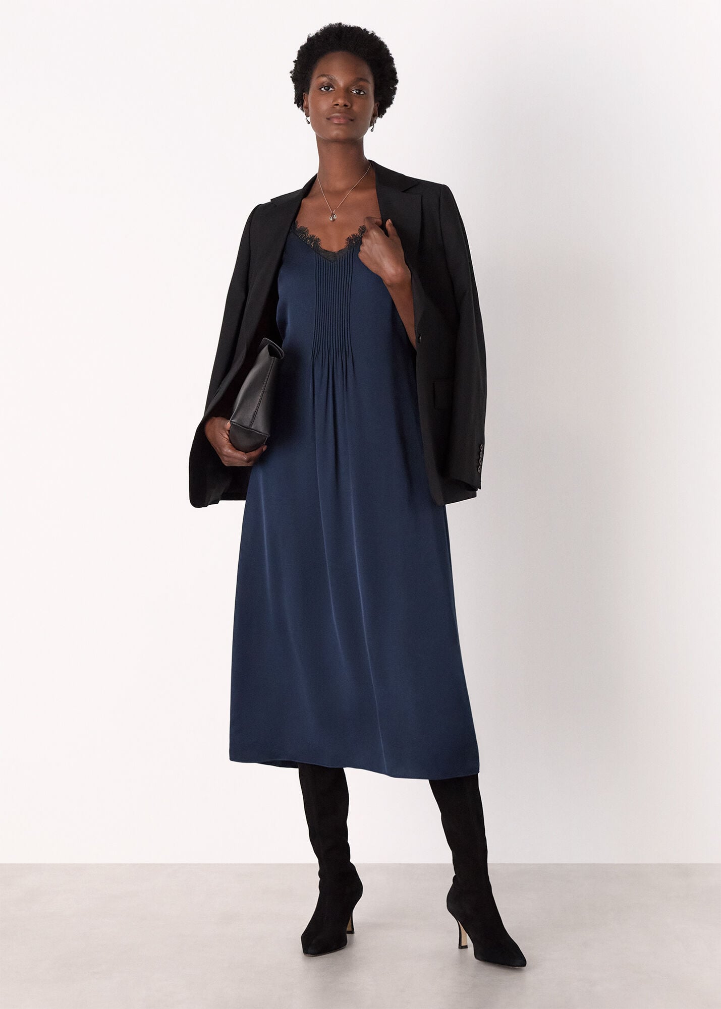 Navy/Multi Crepe Lace Trim Cami Dress | WHISTLES | Whistles US |
