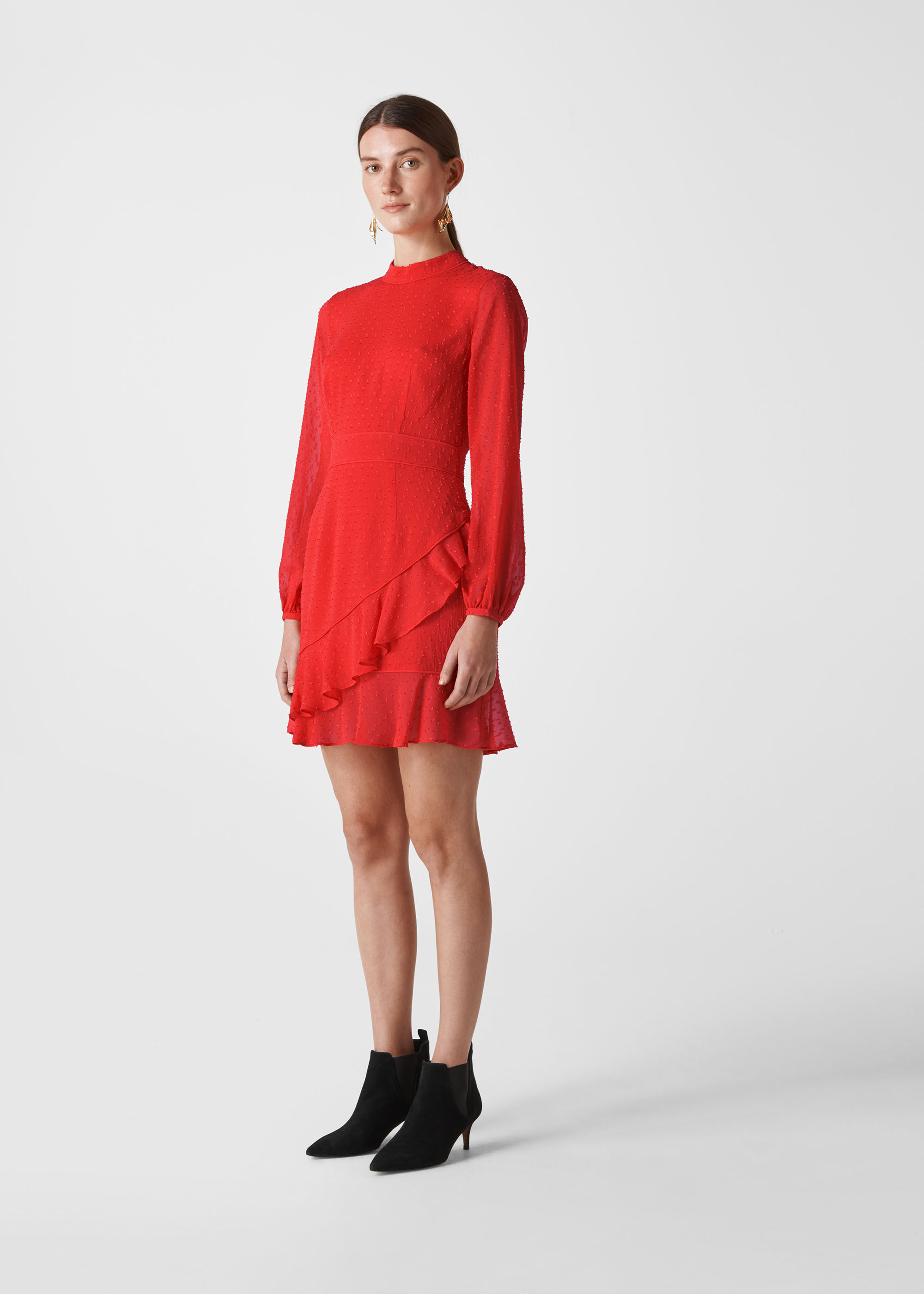 Red High Neck Dobby Frill Dress