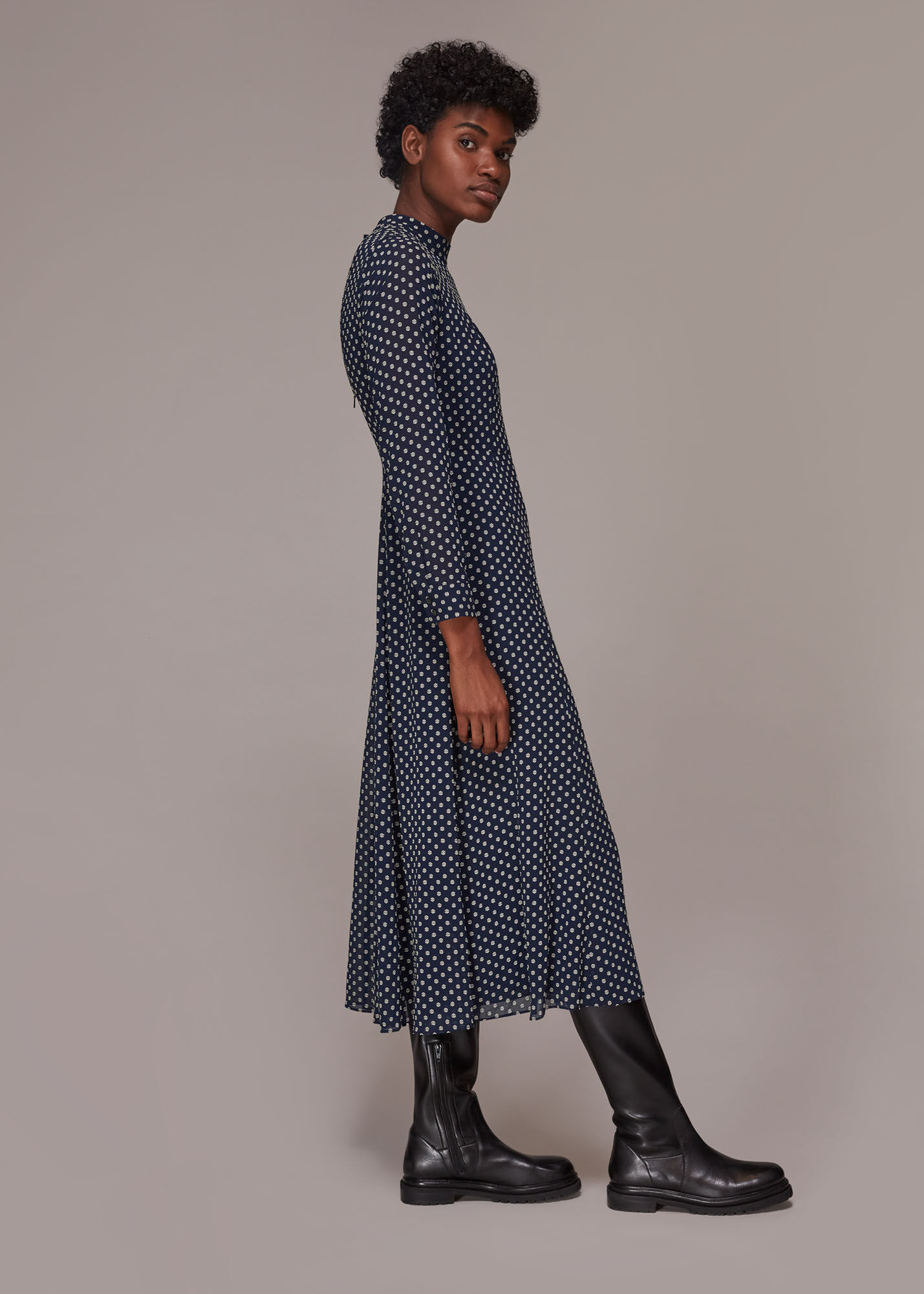 Navy/Multi Dobby High Neck Dress | WHISTLES | Whistles US |