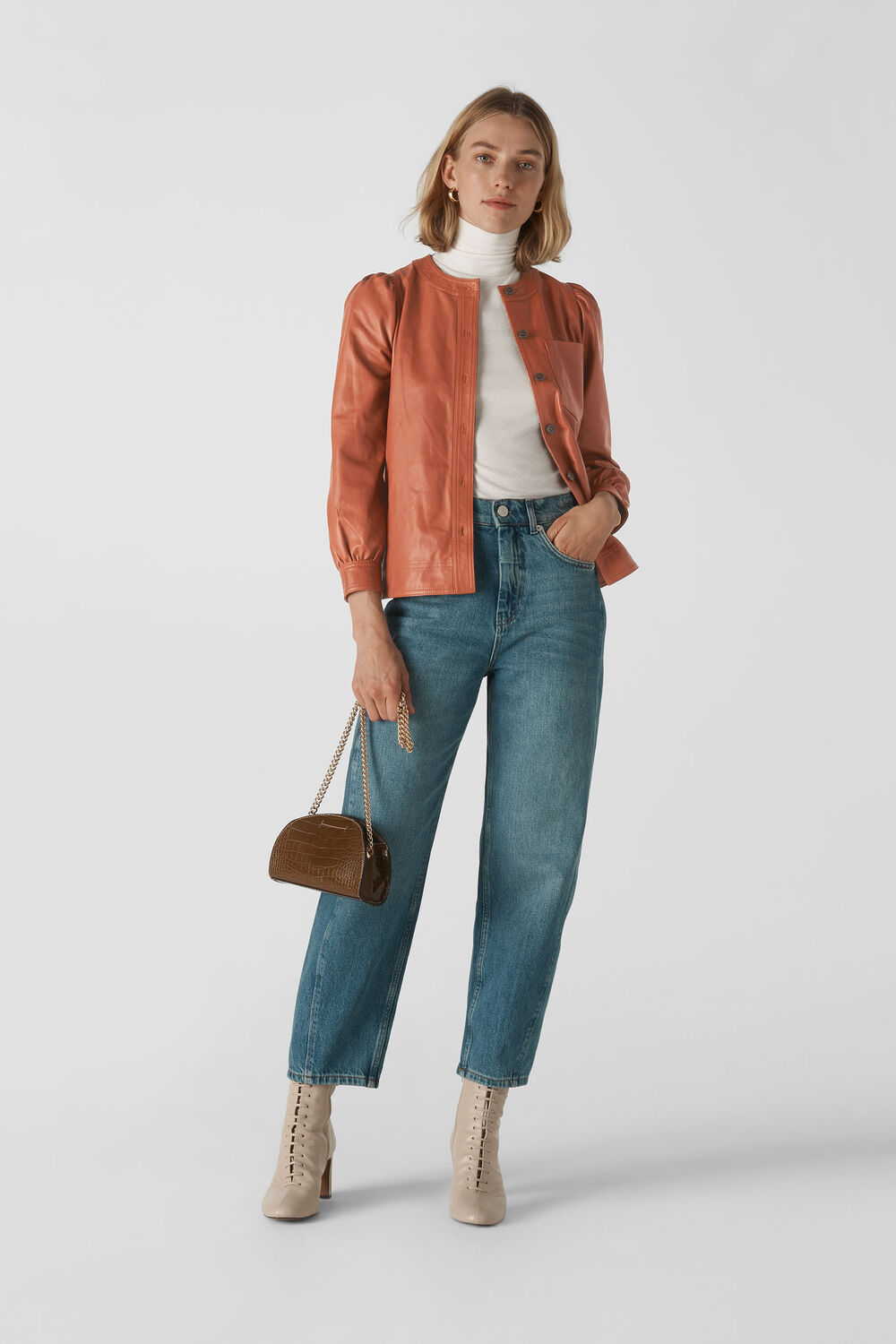 Leather Gathered Sleeve Shirt Toffee