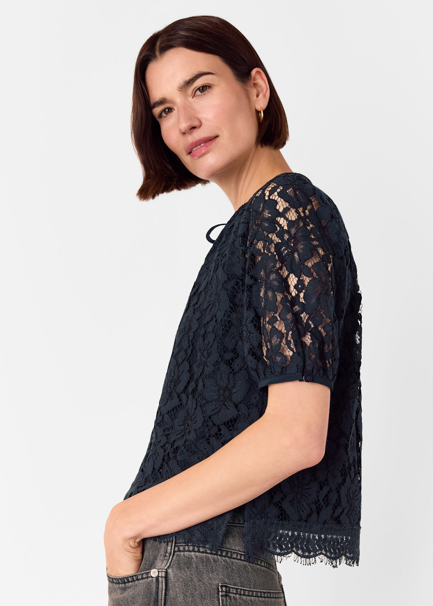 Navy Lace Tie Detail Blouse | WHISTLES | Whistles UK |
