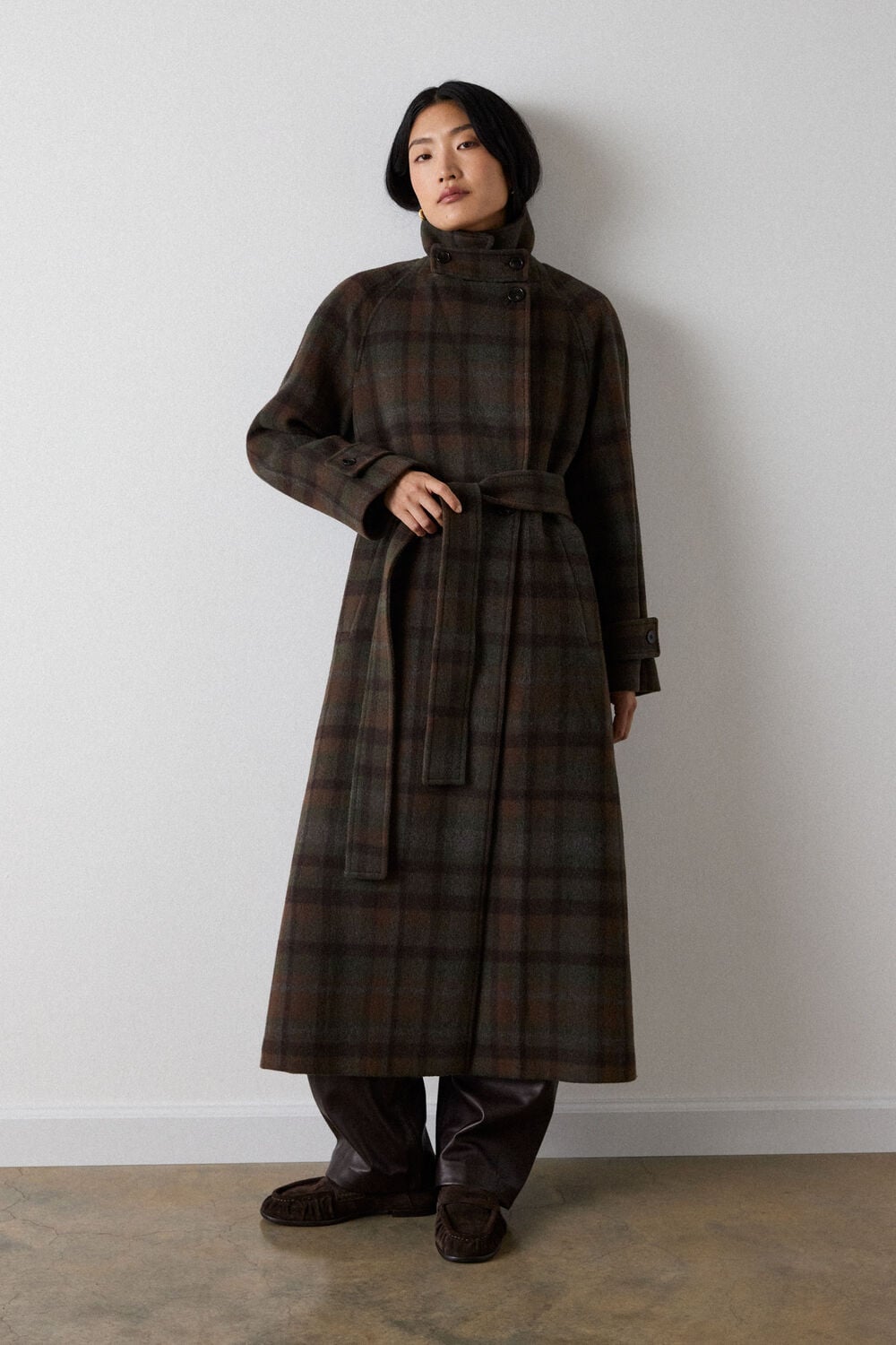 Khaki Funnel Neck Check Coat