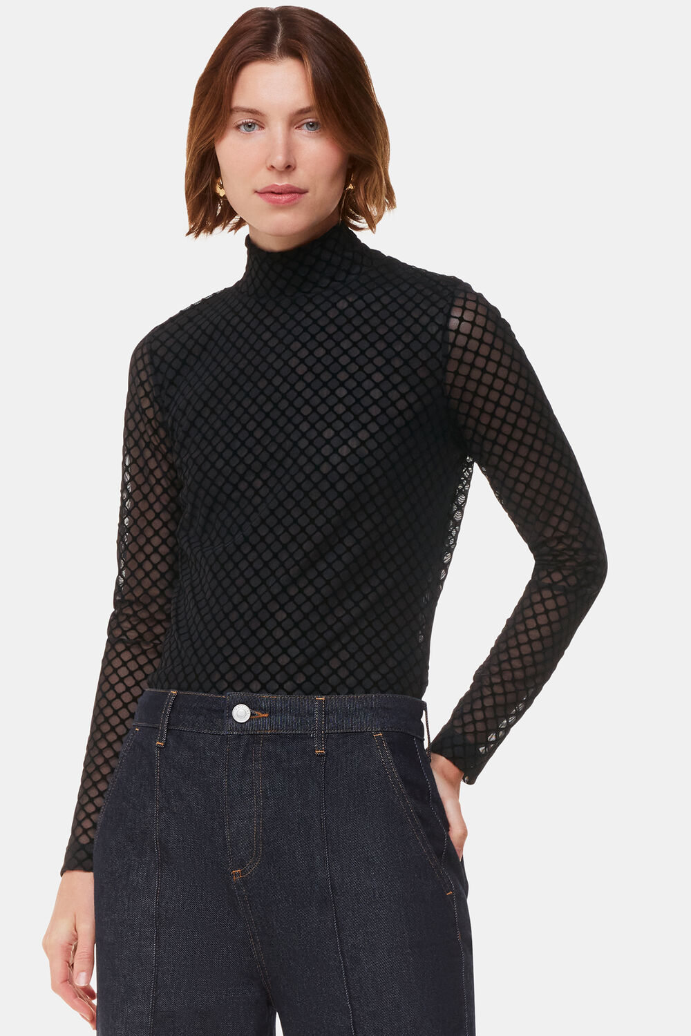 Black Checked Flocked Mesh Top