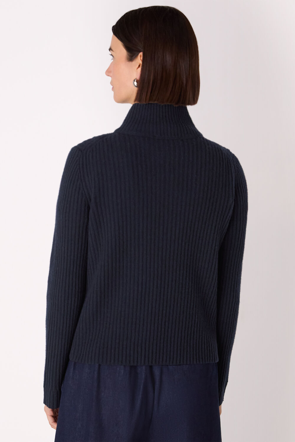 Navy Wool Zip Front Rib Cardigan