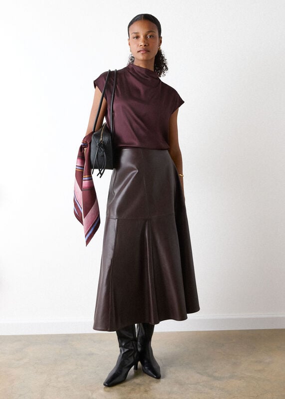 Burgundy Cowl Neck Satin Sleeveless Top