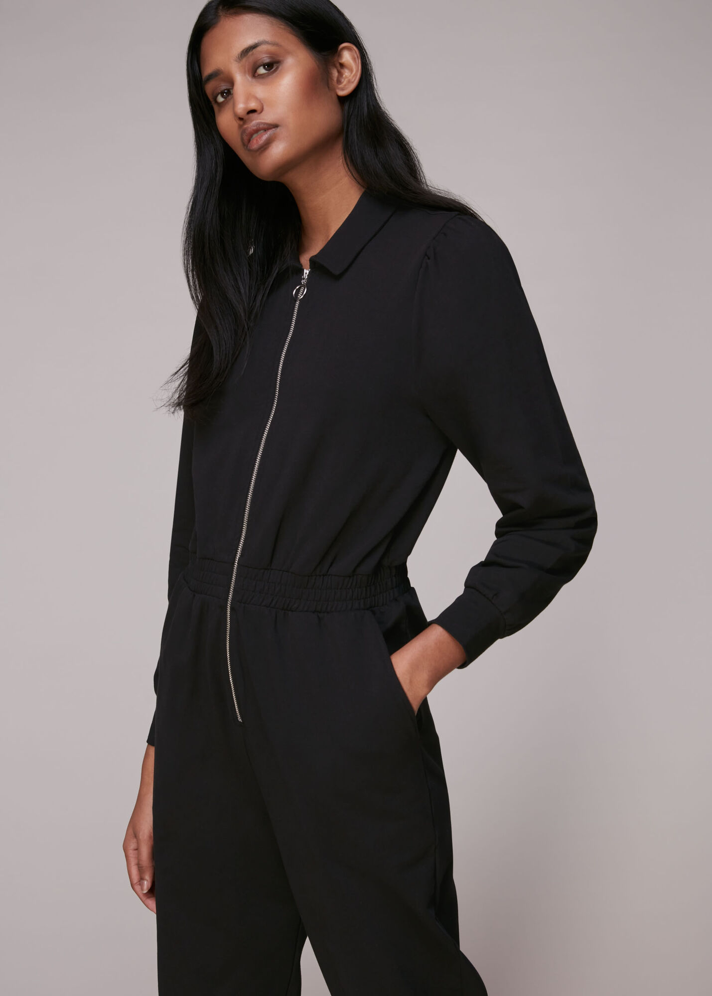 Black Jersey Zip Front Jumpsuit WHISTLES Whistles UK