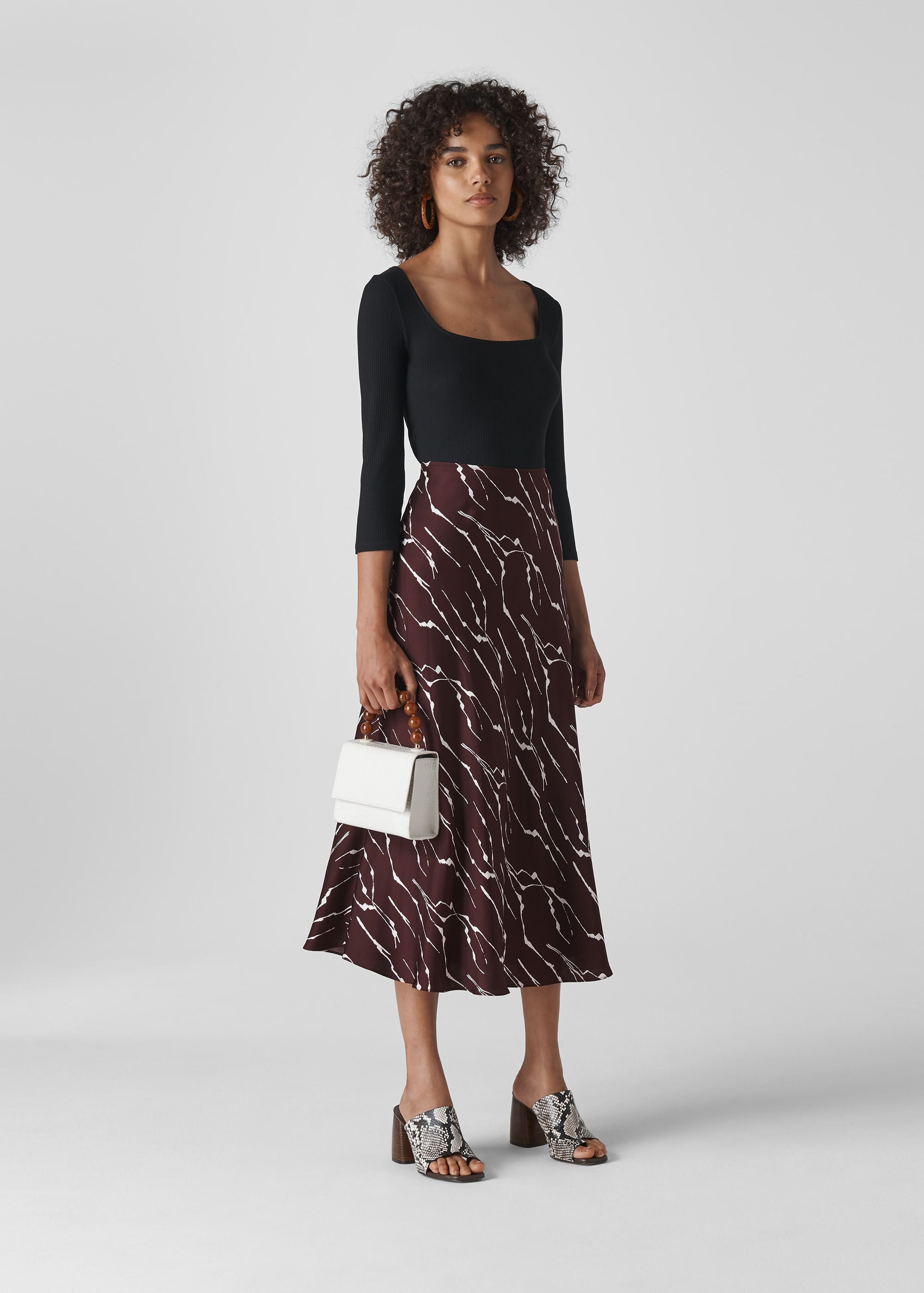 Burgundy Twig Print Bias Cut Skirt WHISTLES