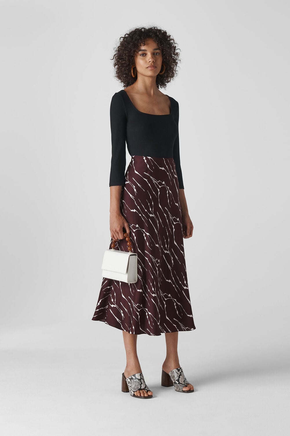 Twig Print Bias Cut Skirt Burgundy