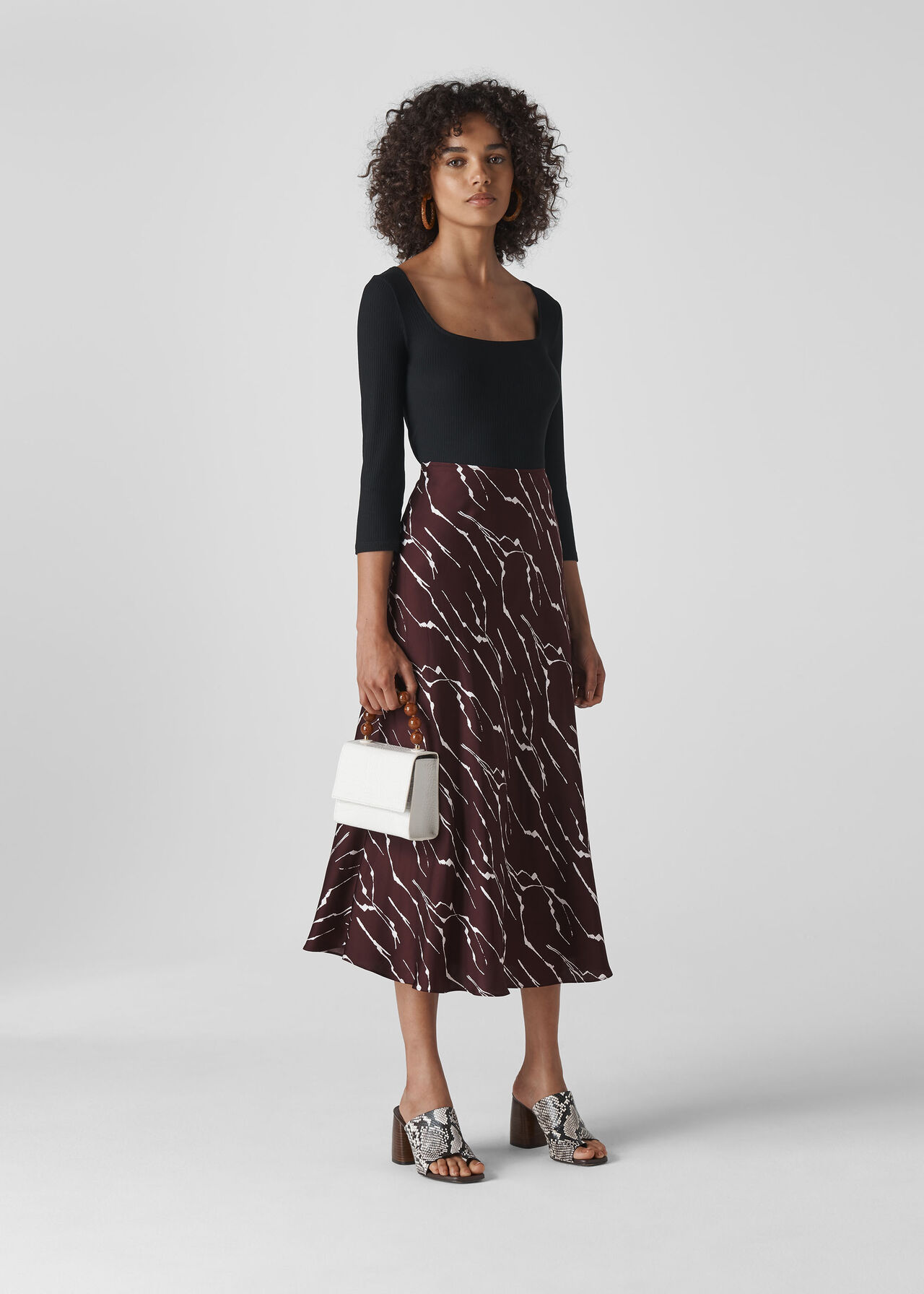 Twig Print Bias Cut Skirt Burgundy