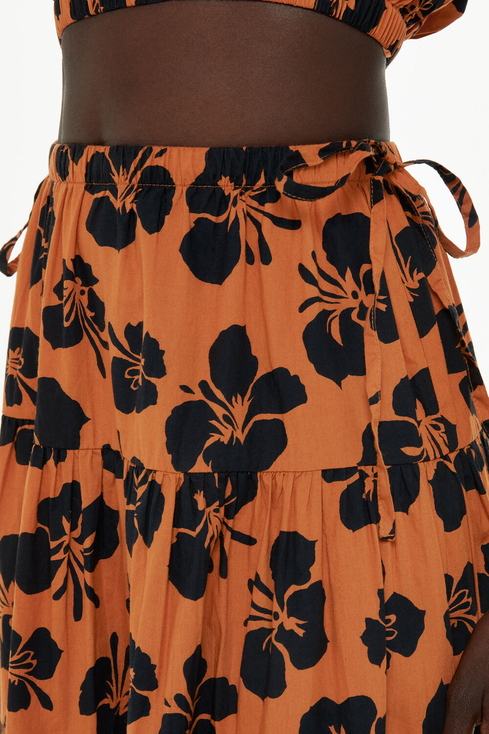 Brown Tropical Floral Tiered Skirt