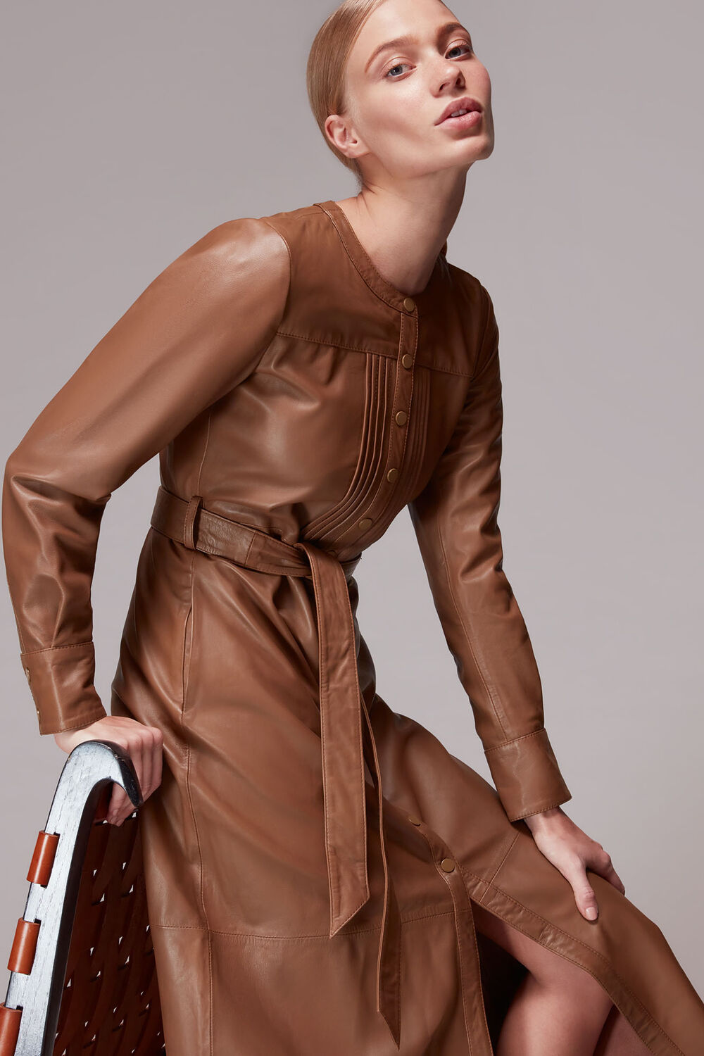 Toffee Pintuck Leather Midi Dress