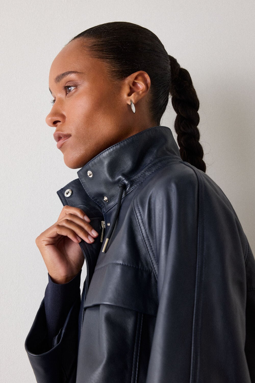 Navy Leather Funnel Neck Anorak