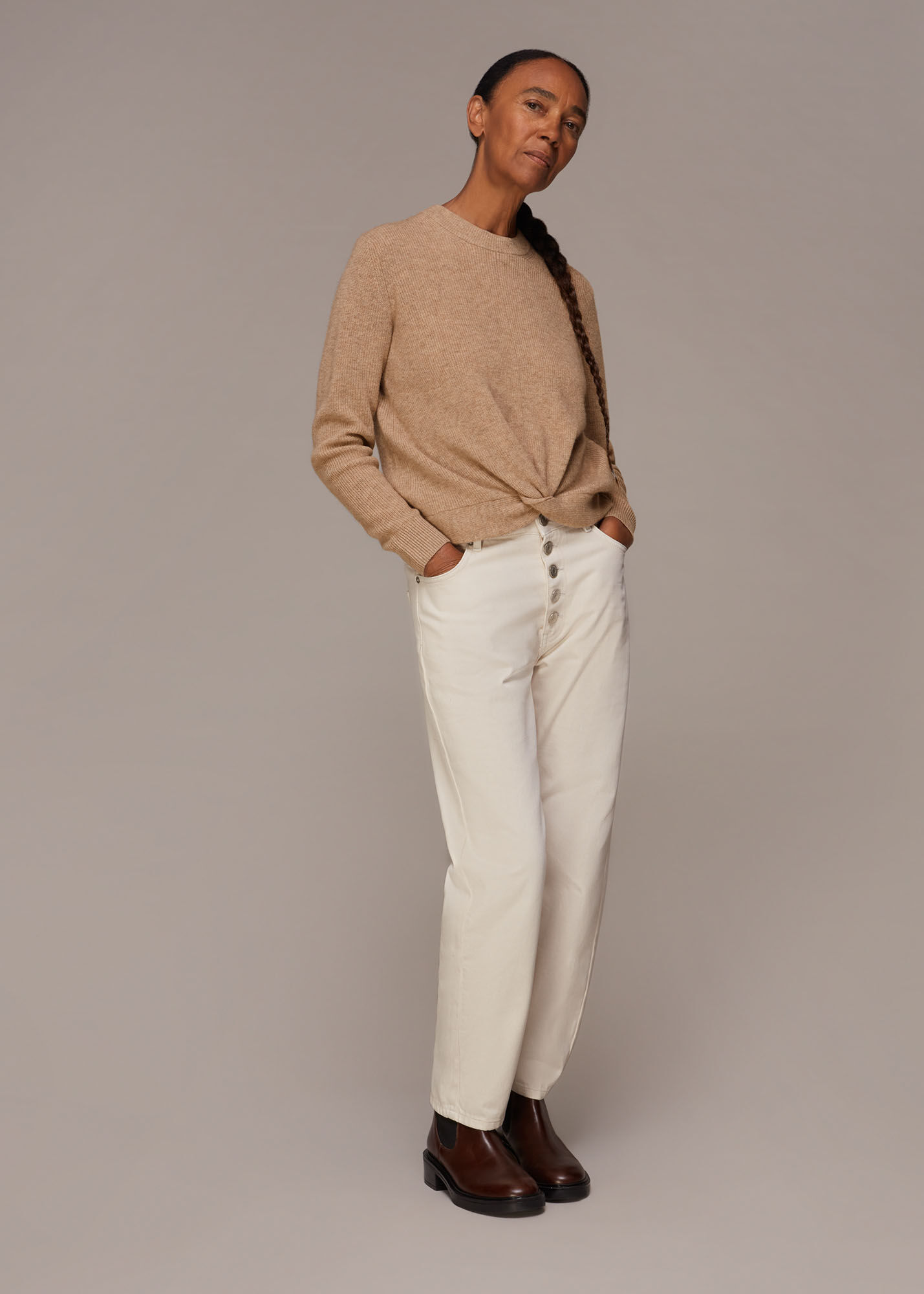 Oatmeal Twist Front Wool Cashmere Knit WHISTLES