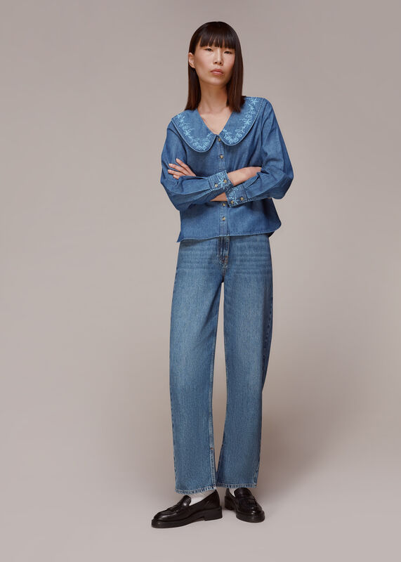Embroidered Collar Denim Top