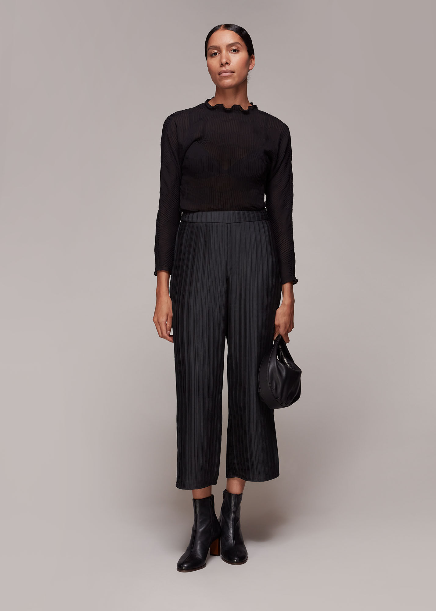 Black plisse cropped trousers deals
