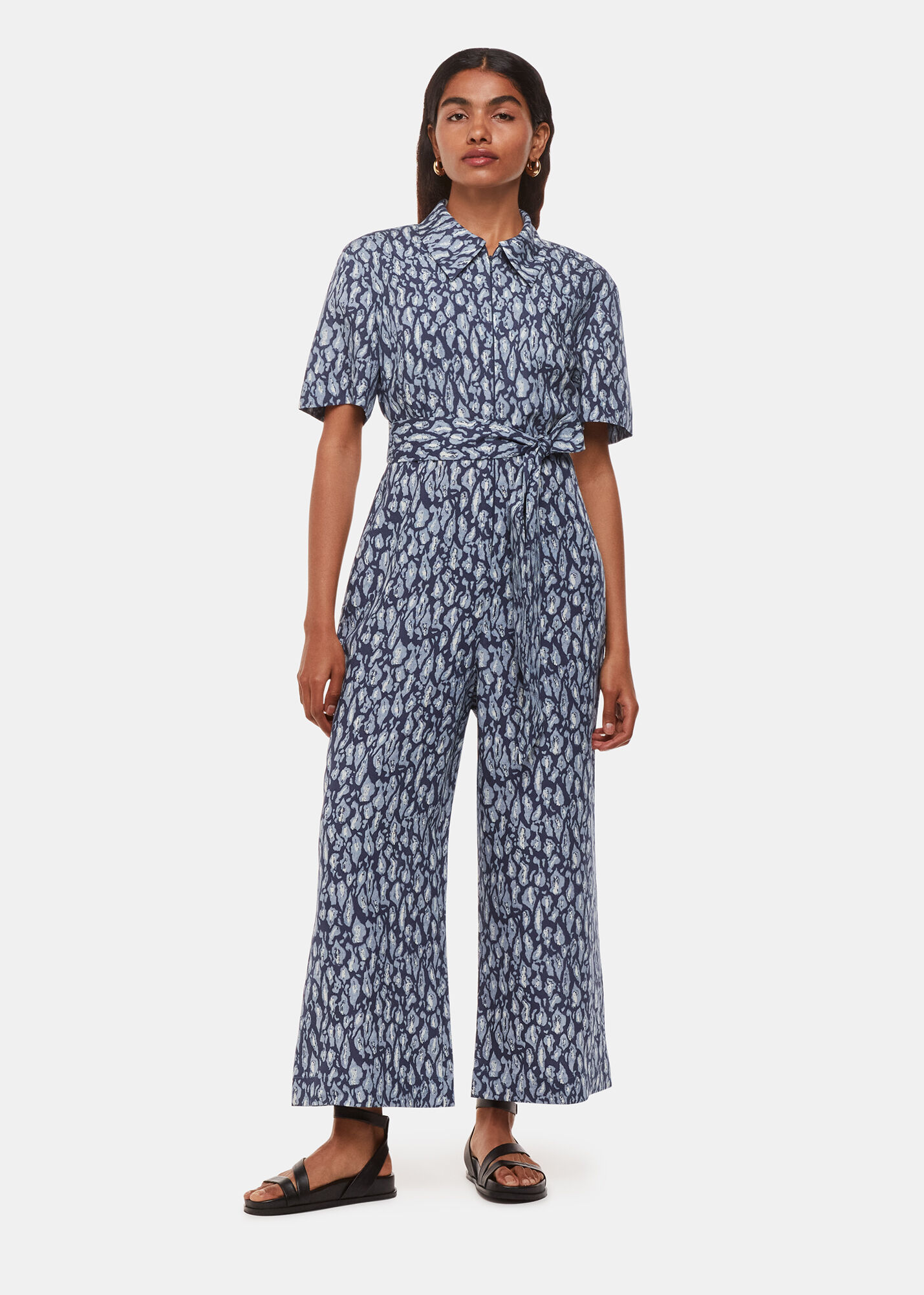 Navy/Multi Leopard Linen Blend Jumpsuit | WHISTLES | Whistles US |