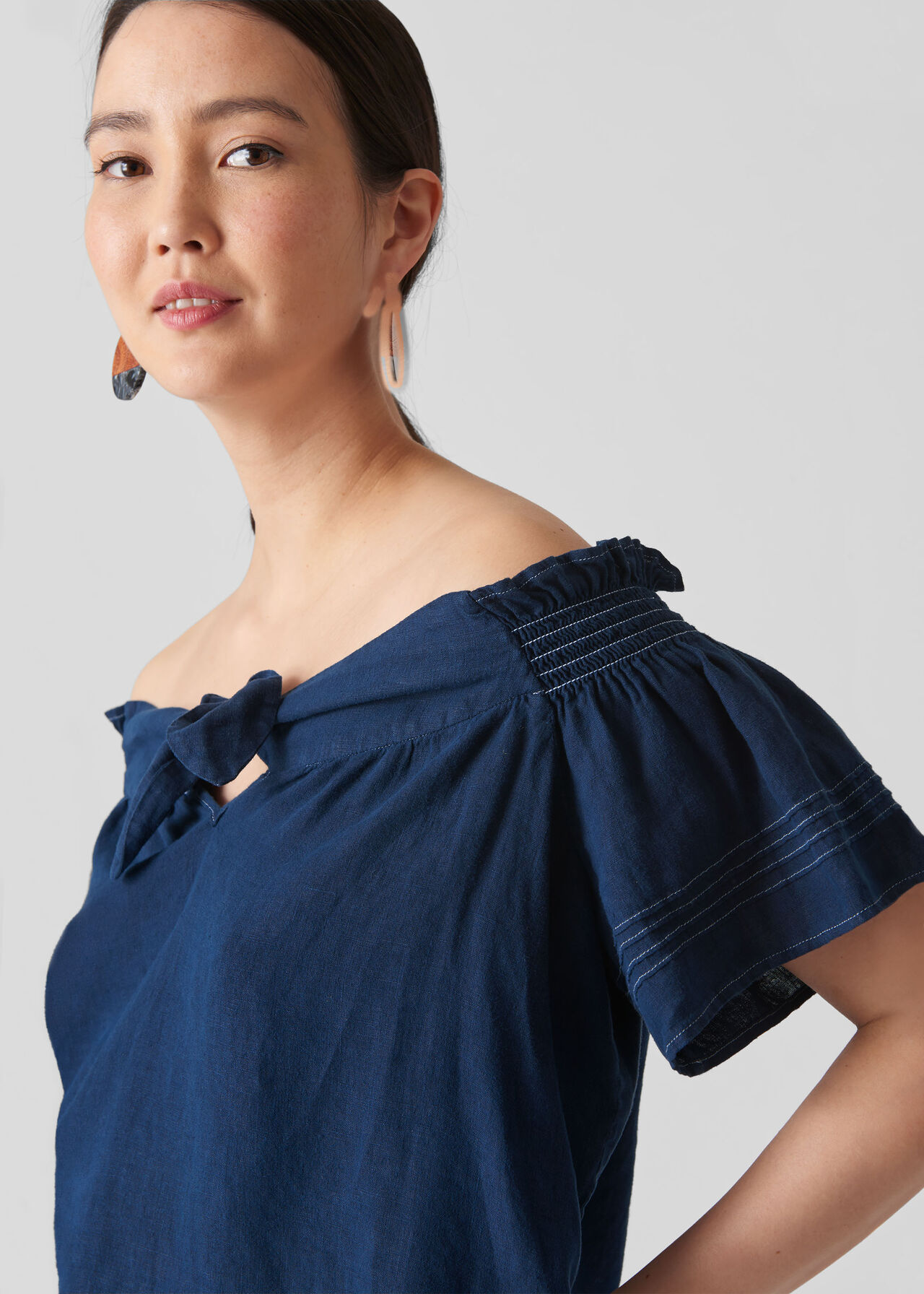 Tie Front Bardot Linen Top Navy