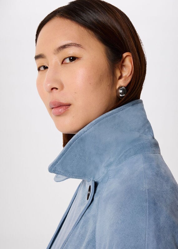 Blue Suede Short Trench Jacket