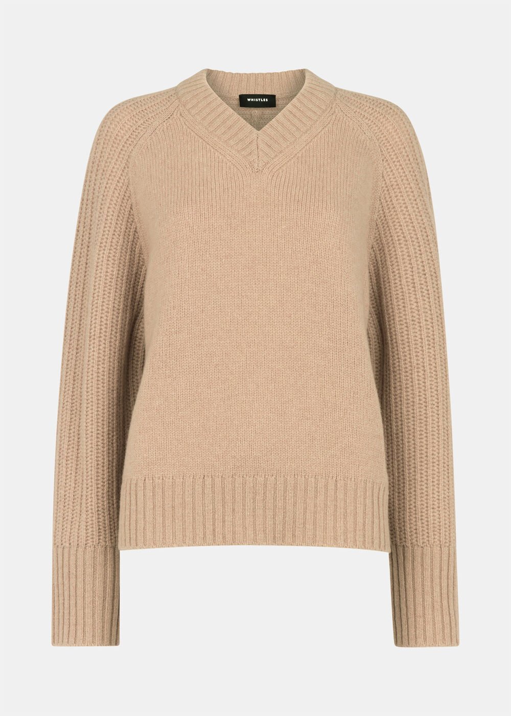 Wool Ribbed Sleeve V Neck Knit