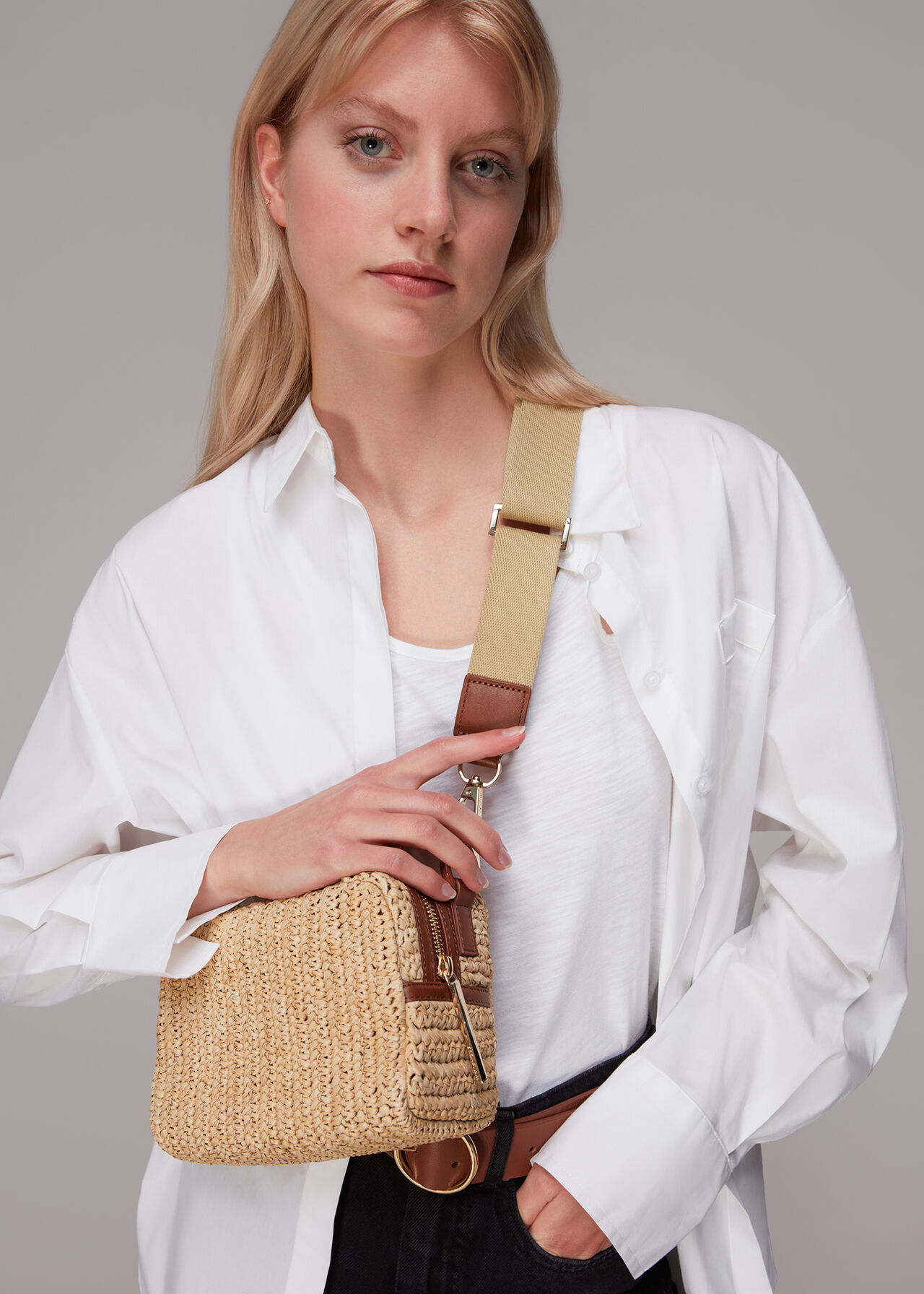 Neutral Straw Bibi Crossbody Bag WHISTLES Whistles