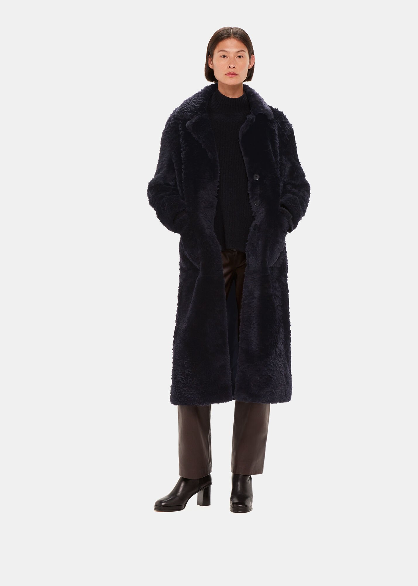Navy Camille Shearling Coat | WHISTLES | Whistles US |