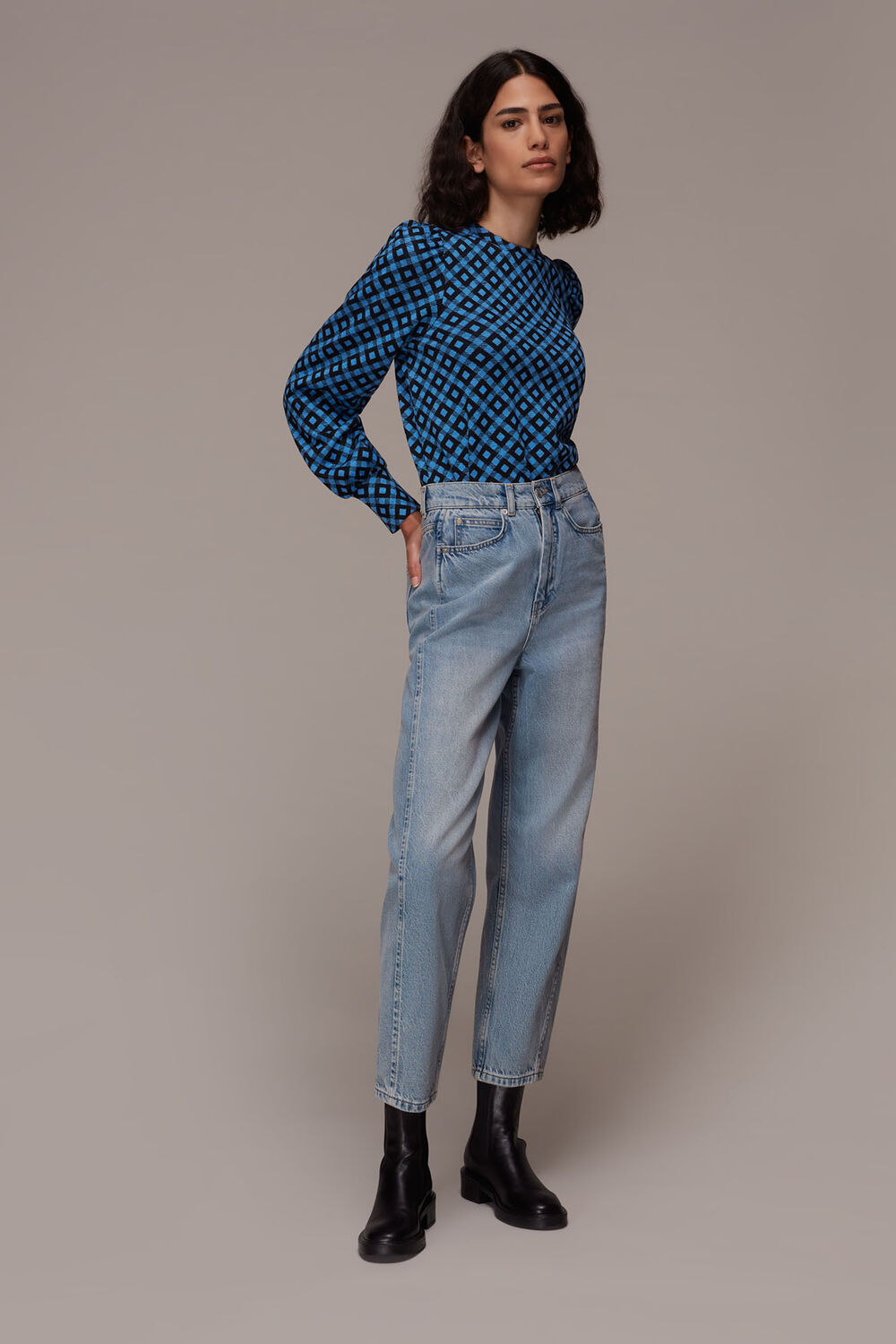 Jacquard Puff Sleeve Check Top