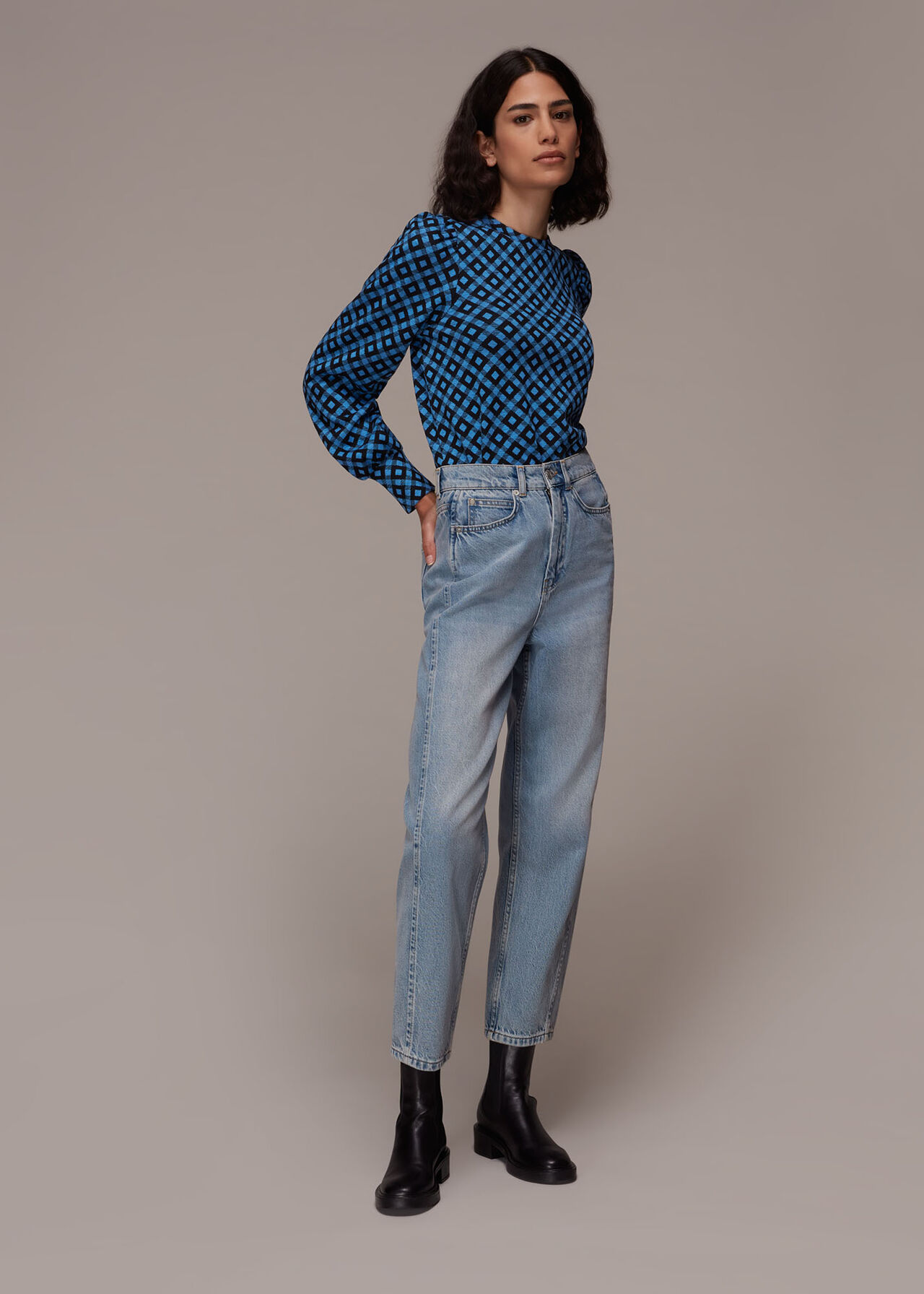 Jacquard Puff Sleeve Check Top