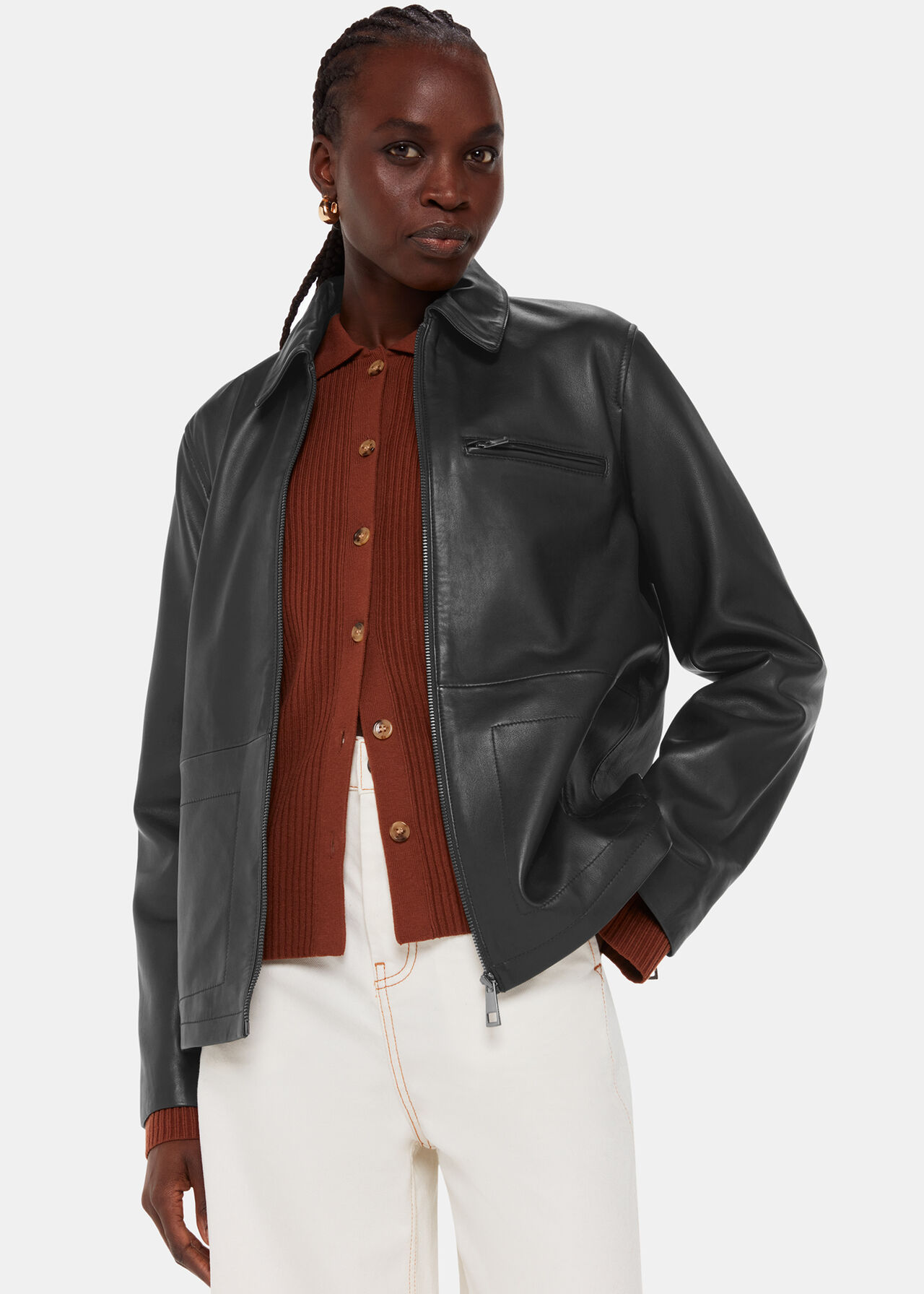 Black Kate Zip Leather Jacket | WHISTLES | Whistles UK