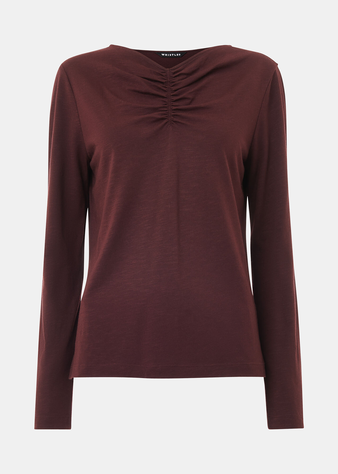 Burgundy High V Neck Ruched Top