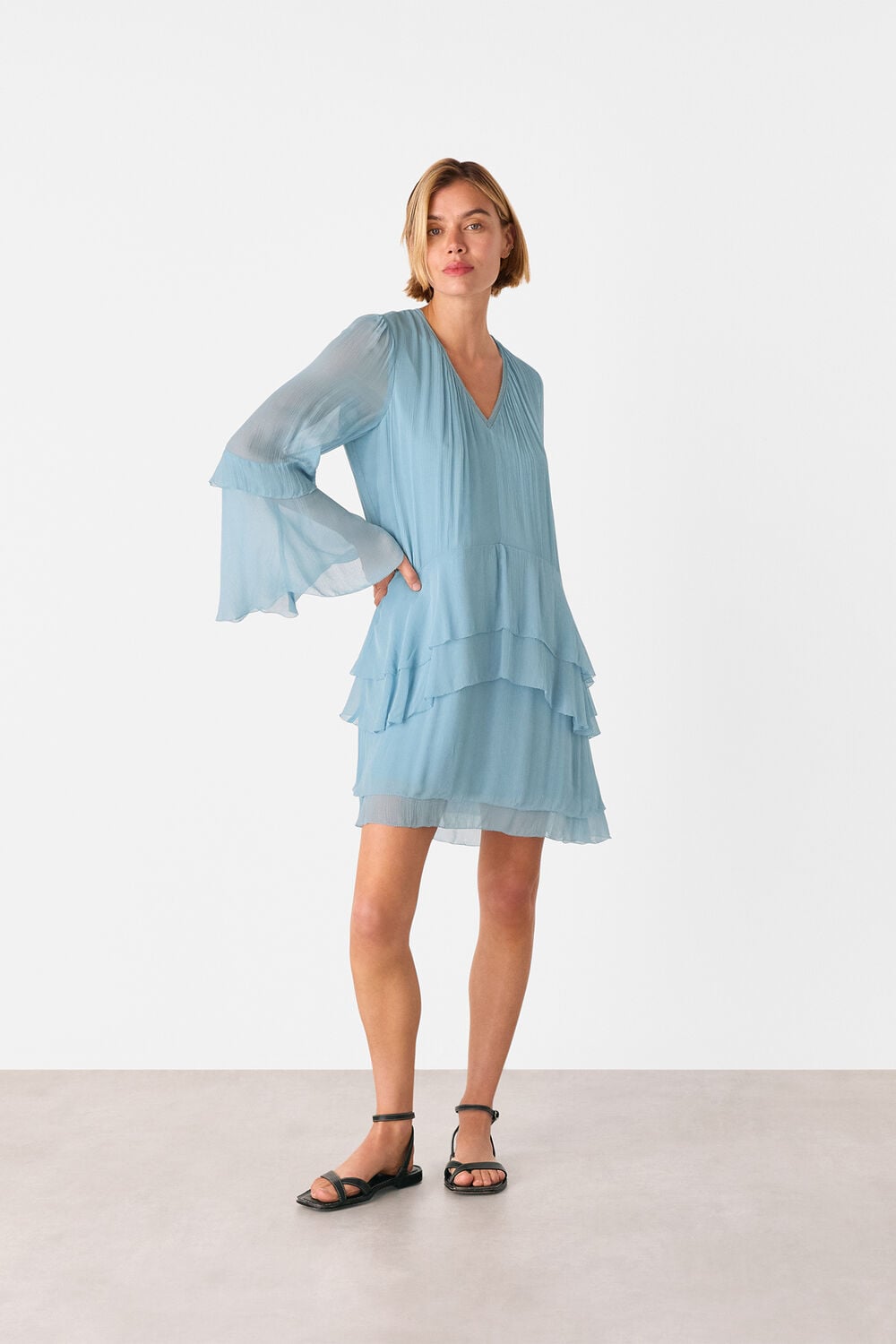 Pale Blue Frill Boho Mini Dress