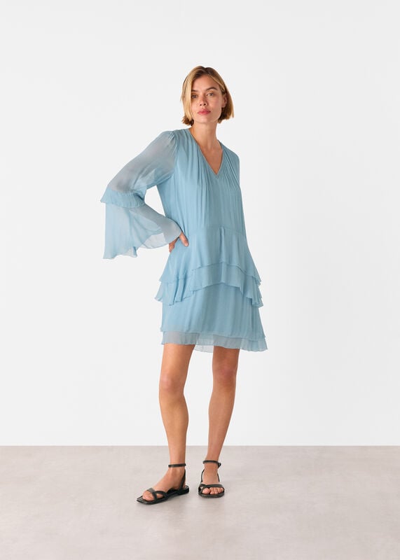 Pale Blue Frill Boho Mini Dress