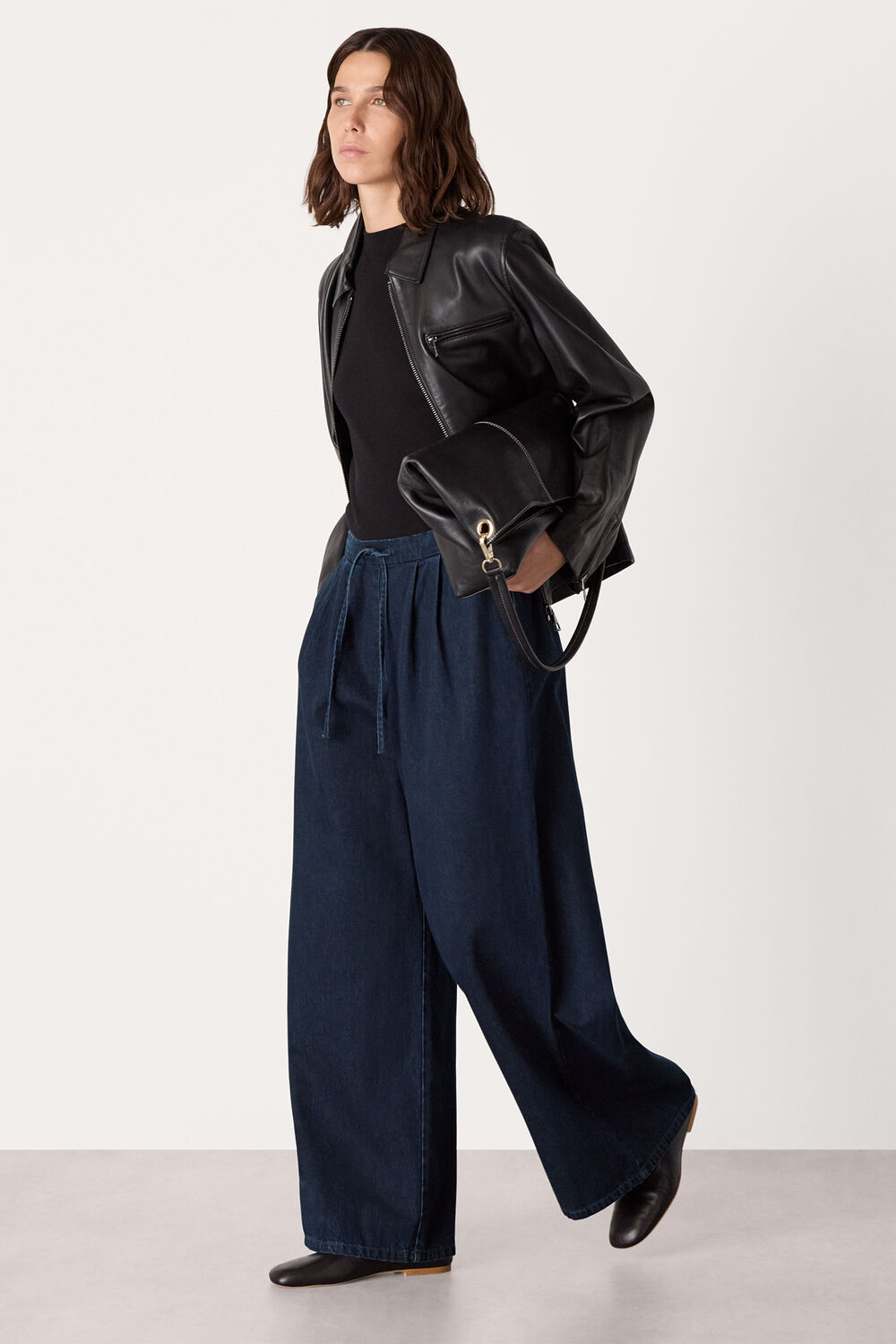 Dark Denim Cotton Wide Leg Pleat Trouser