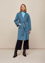 Double Faced Wool Wrap Coat Blue