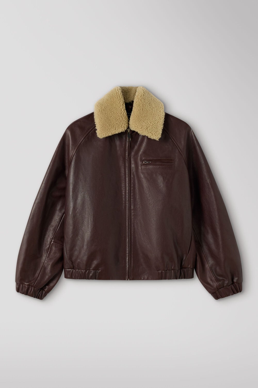 Burgundy Shearling Trim Leather Bomber
