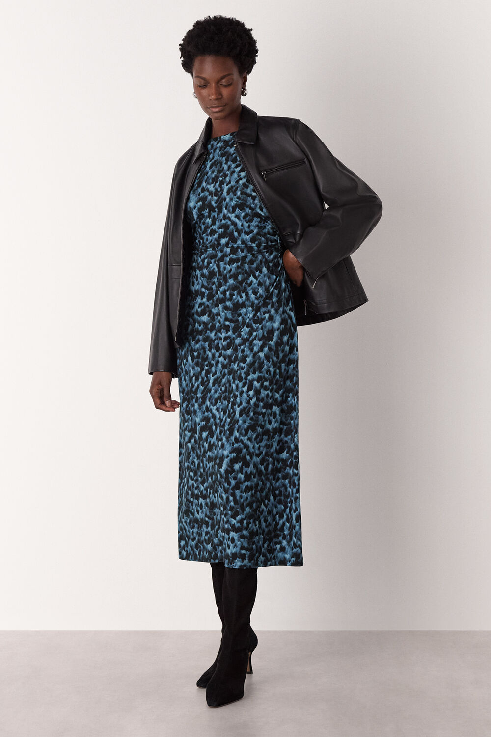 Blue Animal Jersey Ruched Dress