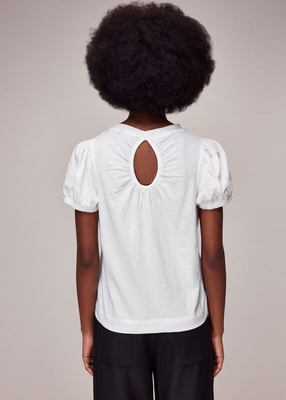 White Gathered Keyhole Back Top