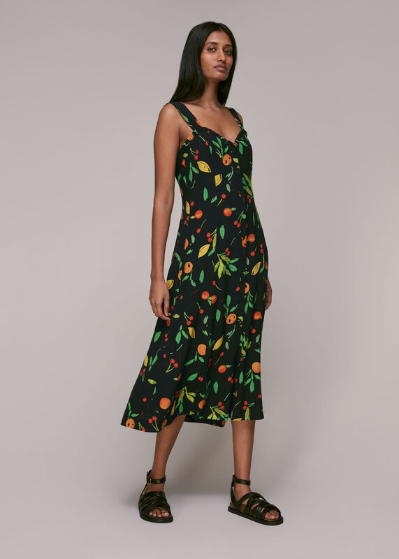 Black Fruit Print Frill Dress