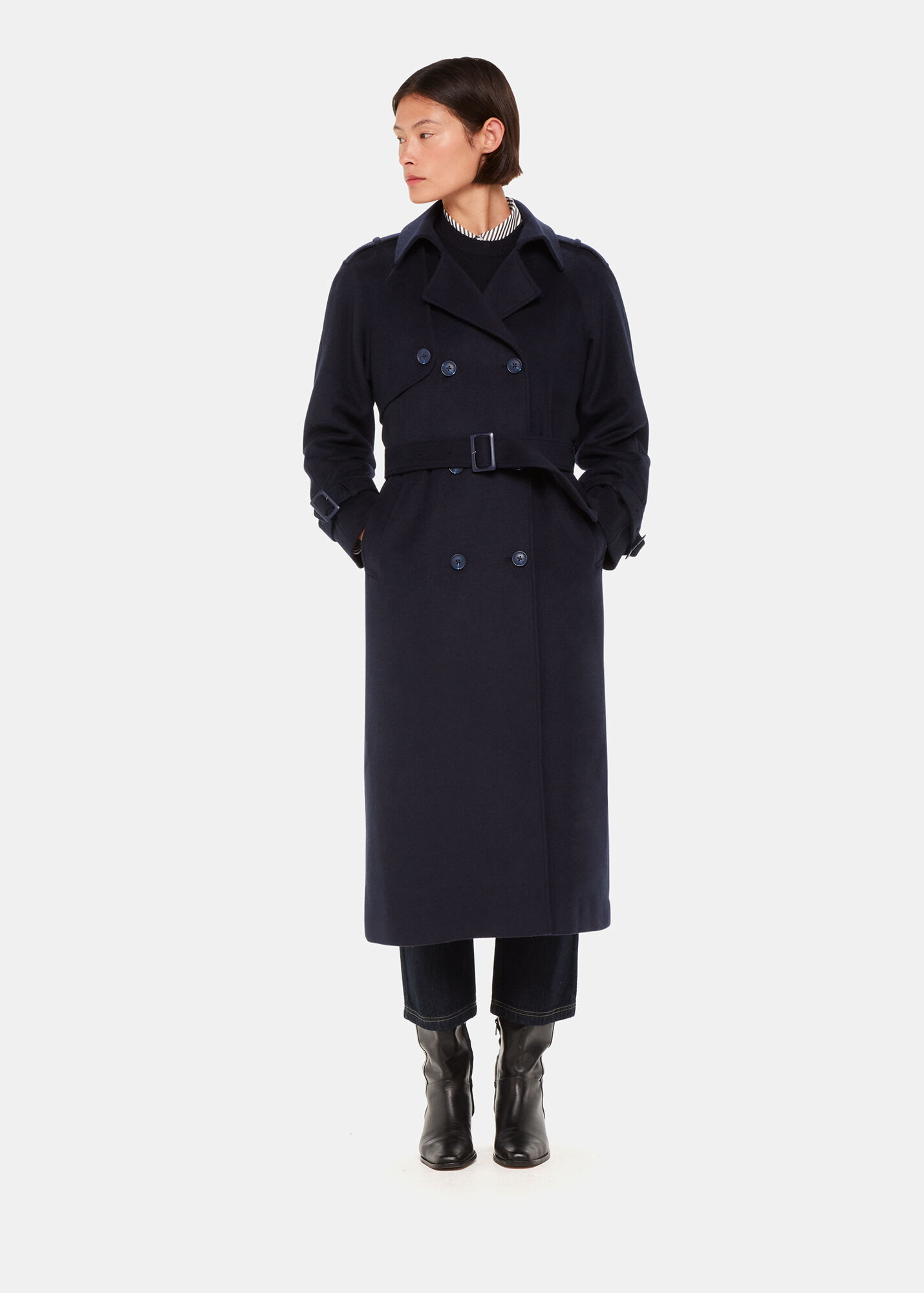 Navy Wool Longline Mac Coat with a Tie Waist | Whistles | Whistles