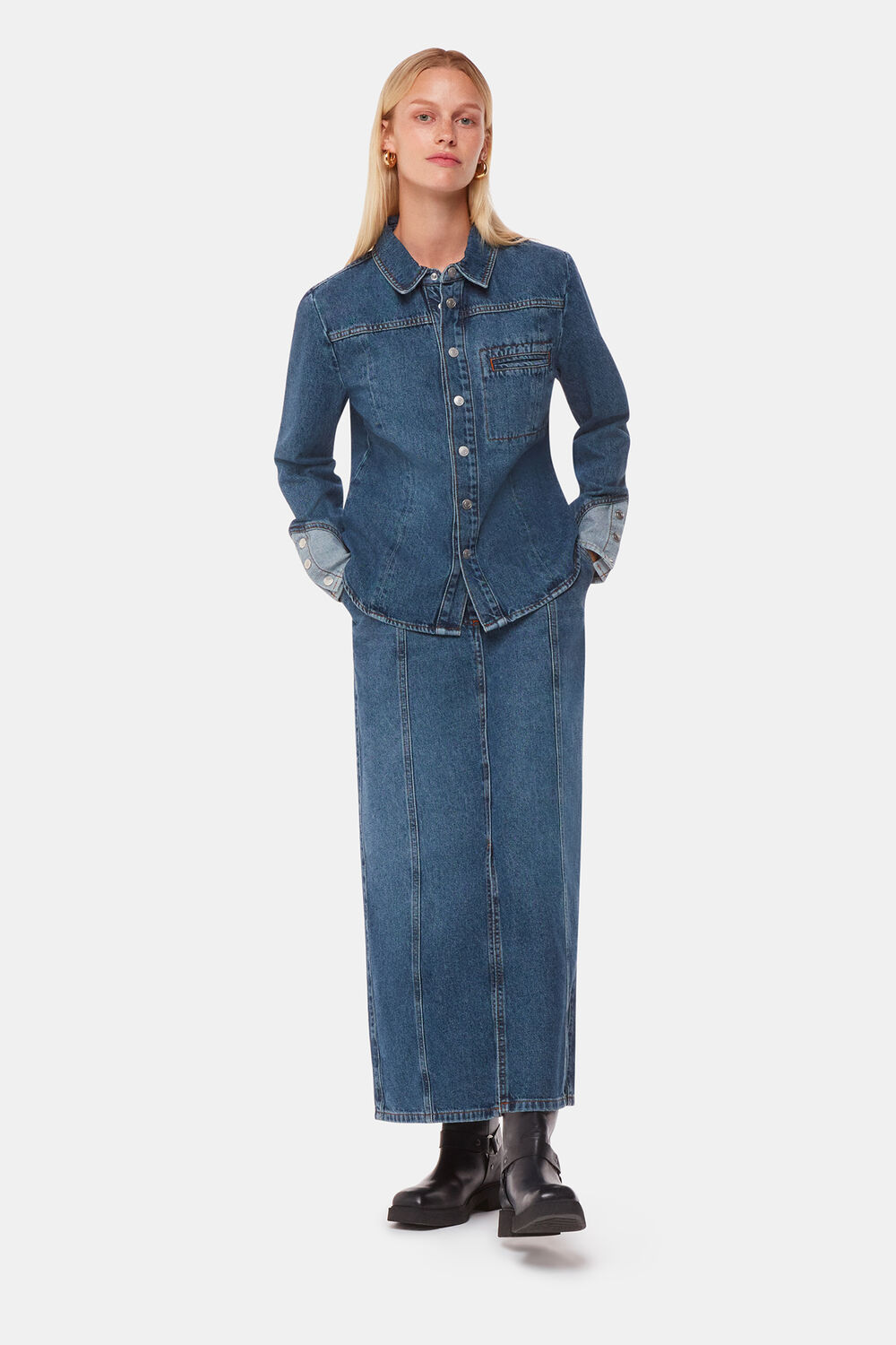 Patchwork Denim Midi Skirt